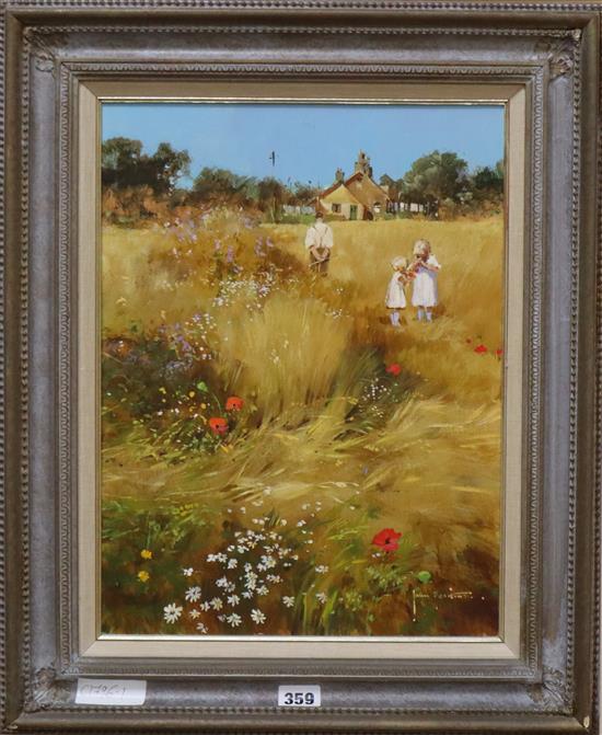 John Haskins, oil on board, Children in a cornfield, signed, 40 x 30cm